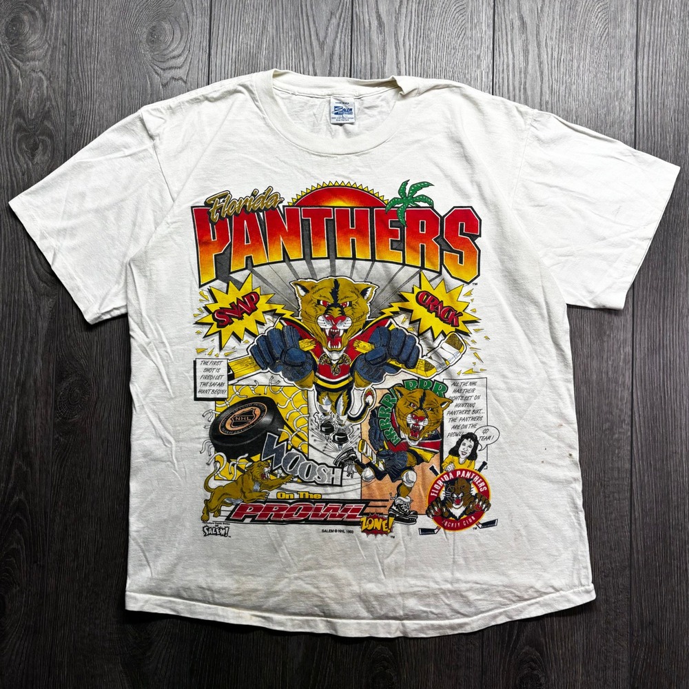 Vintage 1993 Florida Panthers Salem Sportswear NHL T-Shirt Mens Large White USA